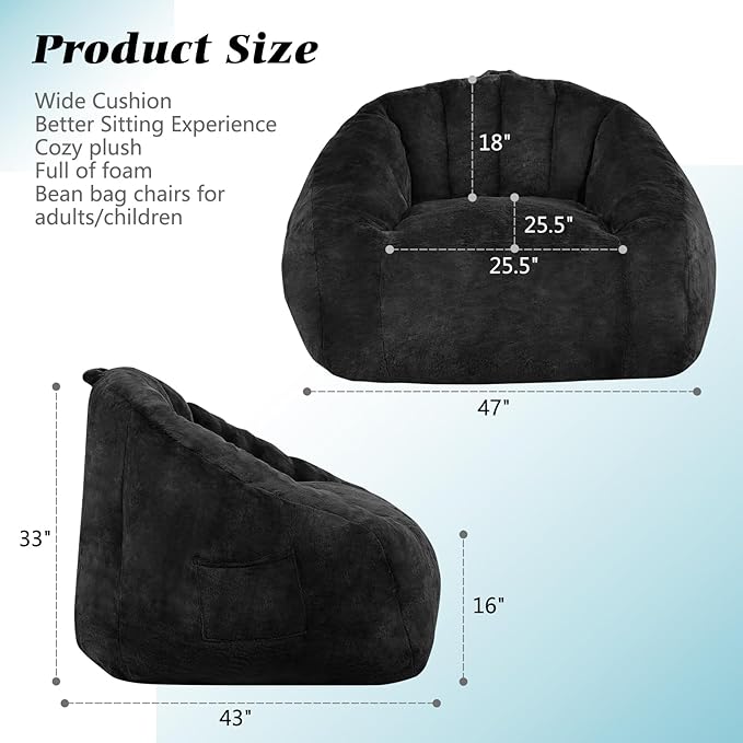 Giant Plush Bean Bag Chair for Adults with Armrests, BeanBag Couch Filler with Memory Foam, Faux Fur Comfy Bean Bag Chair, Anti-Slip Accent Chair Gaming and Reading, Black