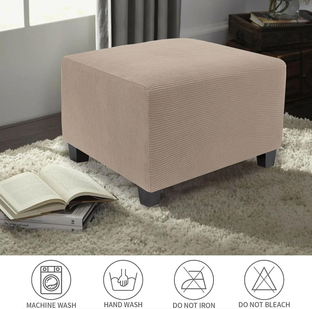 NeColorLife Stretch Ottoman Cover Square Soft Knitted Jacquard Washable Thick Storage Foot Stool Cover for Square and Rectangle Ottomans Khaki Large