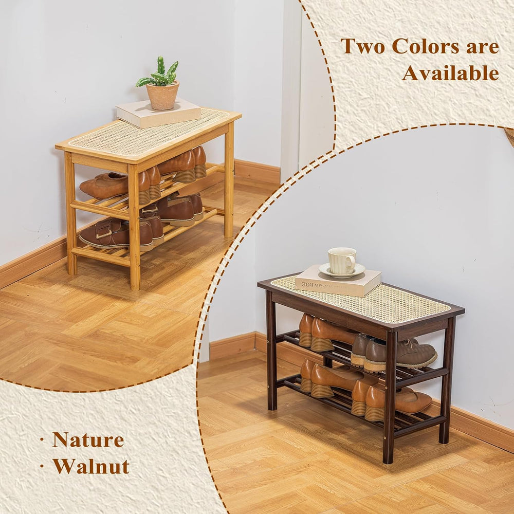 Bamboo Entryway Bench with Woven Rattan Seat, 2-Tier Shoe Storage Bench for H...