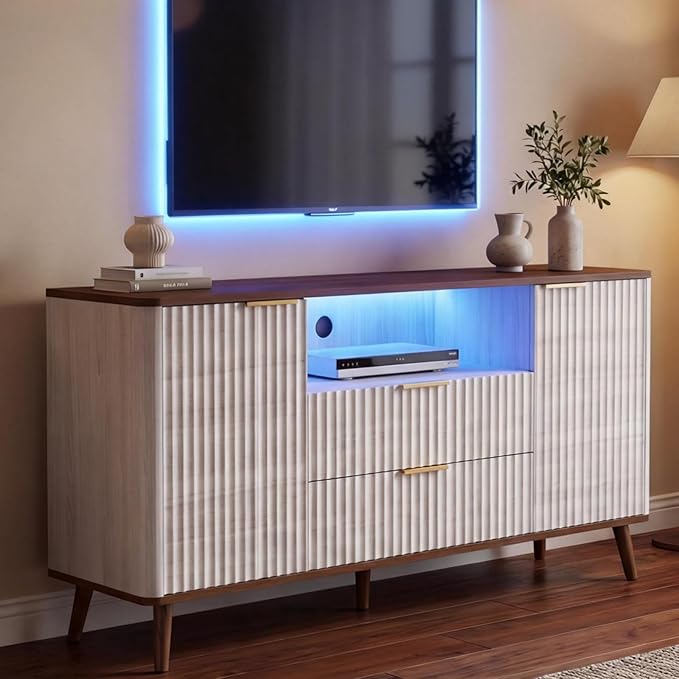 55"W TV Stand Fit up to 65-inch TVs, Mid-century Modern Entertainment Center with LED, Fluted Wood TV Table with 2 Drawers & Storage Cabinets, Media Console for Living Room & Bedroom, Beige