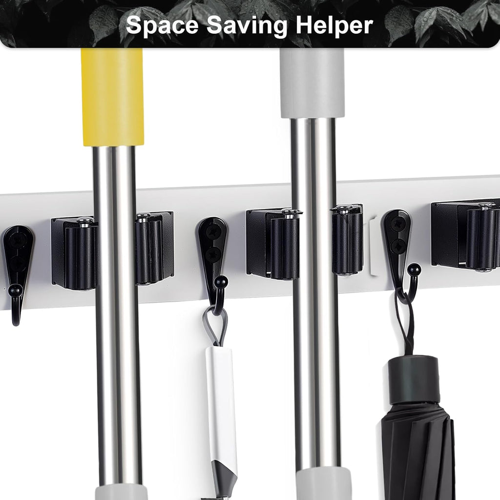2 Pack Broom Holder Wall Mount With 5 Slots & 4 Hooks，Rustic Wood Broom & Mop Hanger，Wall Mounted Garden & Garage Tool Storage Organizer Rack for Closet Laundry Room or Kitchen Wall Decor White