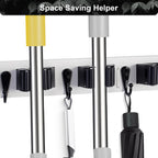 Broom Holder Wall Mount With 5 Slots & 4 Hooks，Rustic Wood Broom & Mop Hanger，Wall Mounted Garden & Garage Tool Storage Organizer Rack for Closet Laundry Room or Kitchen Wall Decor White