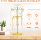 iDavosic.ly 2 Tier Rotating Necklace Holder Organizer with 42 Hooks, Adjustable Metal Bracelet Display Stand Rack, Extra Tall Keychain Spinning Tree Tower for Women, Gold