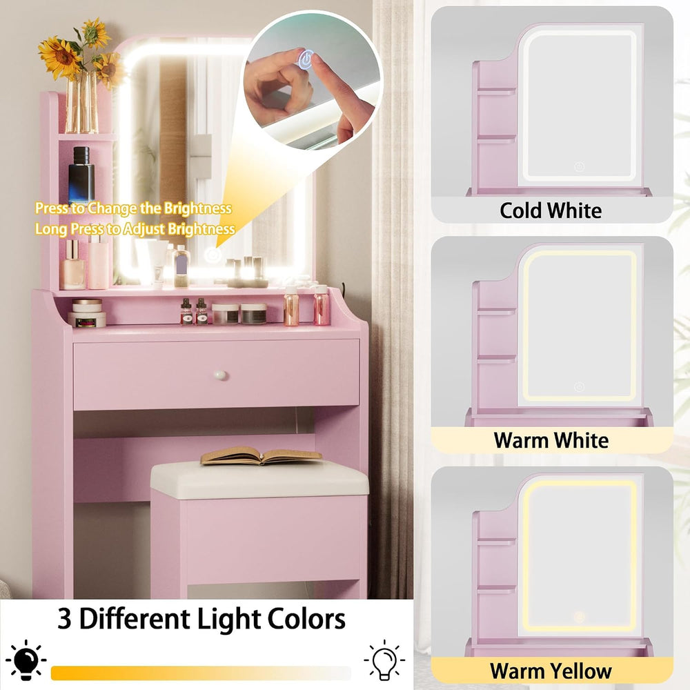 LIKIMIO Small Vanity Desk with Storage Stool and Mirror Lights | Pink compact...