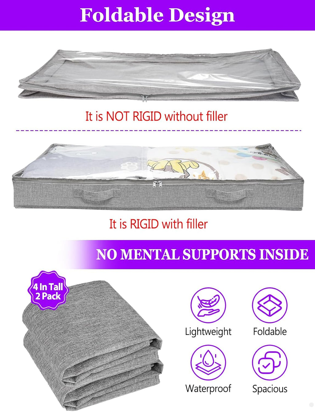 Under Bed Storage, Below 4 Inches High Underbed Storage Containers Low Profile, NO STRUCTURE, Foldable Shallow Storage Bags Bins Organizer Clothes with Clear Lid & Zipper, 2-Pack, 20x40x3.7in