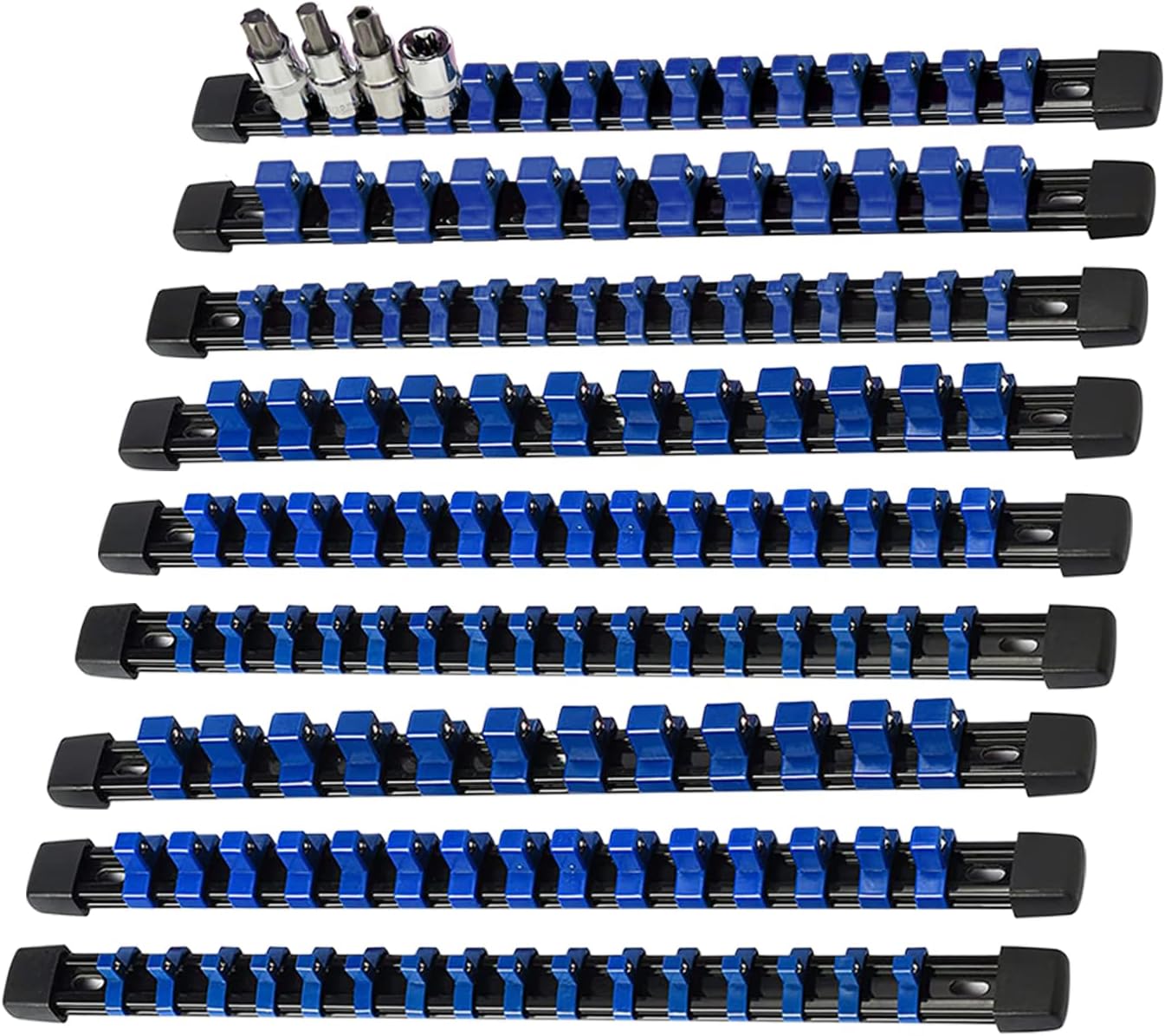 AMM 9-Piece Socket Organizer, 1/2 inch, 3/8 inch and 1/4 inch Drive ABS Tools-Blue Socket Holder,Heavy Duty Socket Racks, Premium Quality Socket Clip Rail Holder,The best tool trays in the garage