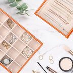 Voova Stackable Jewelry Organizer Tray with Lid, PU Leather Jewelry Storage Holder for Drawer Inserts, Jewellery Display Box Case for Earring Necklace Ring Watch Bracelet (Set of 4, Orange)