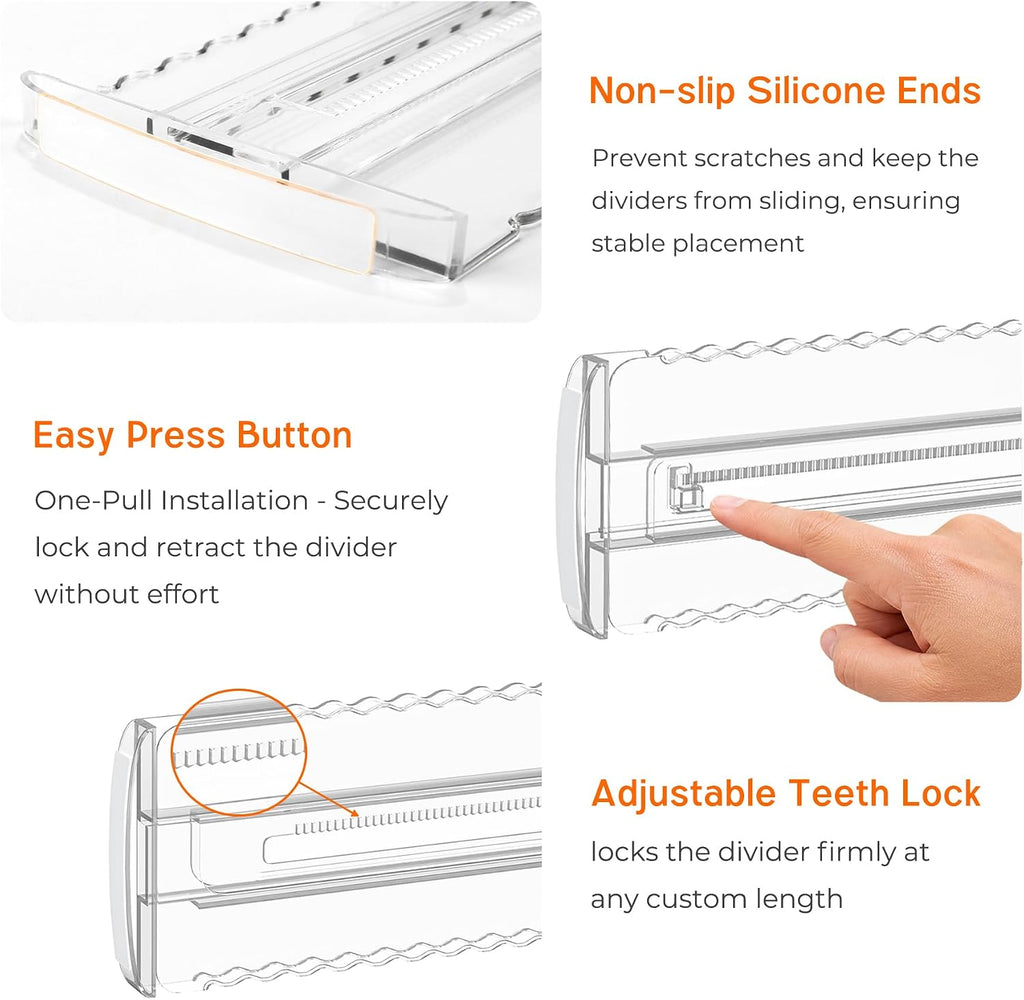 4 Pack 4" High Drawer Dividers for Clothes, 10.2"-16.5" Expandable Dresser Drawer Organizers, Adjustable Plastic Clear Drawer Separators for Kitchen, Baby Clothing, Socks, Underwear, Bedroom