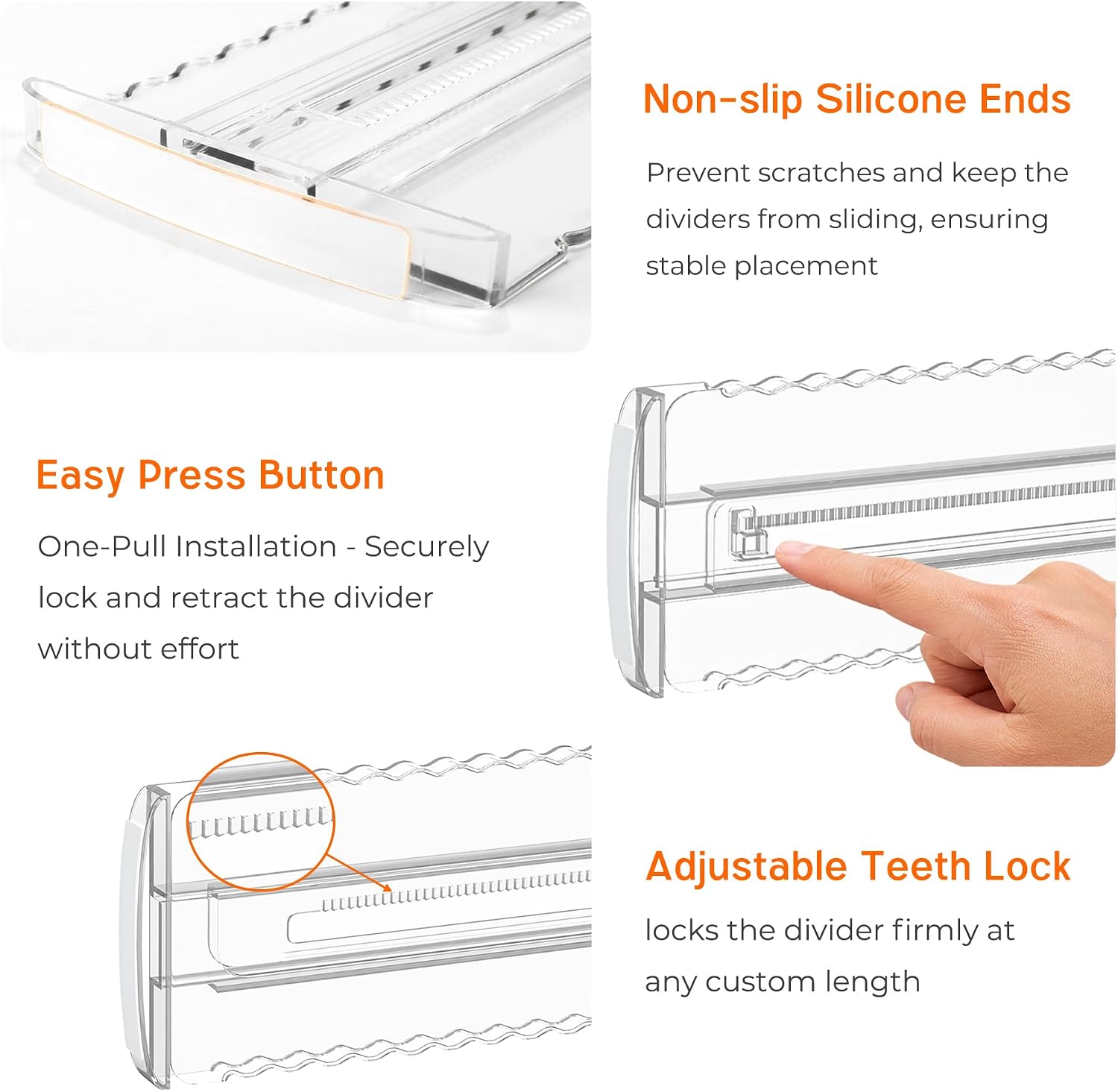 4 Pack 4" High Drawer Dividers for Clothes, 10.2"-16.5" Expandable Dresser Drawer Organizers, Adjustable Plastic Clear Drawer Separators for Kitchen, Baby Clothing, Socks, Underwear, Bedroom
