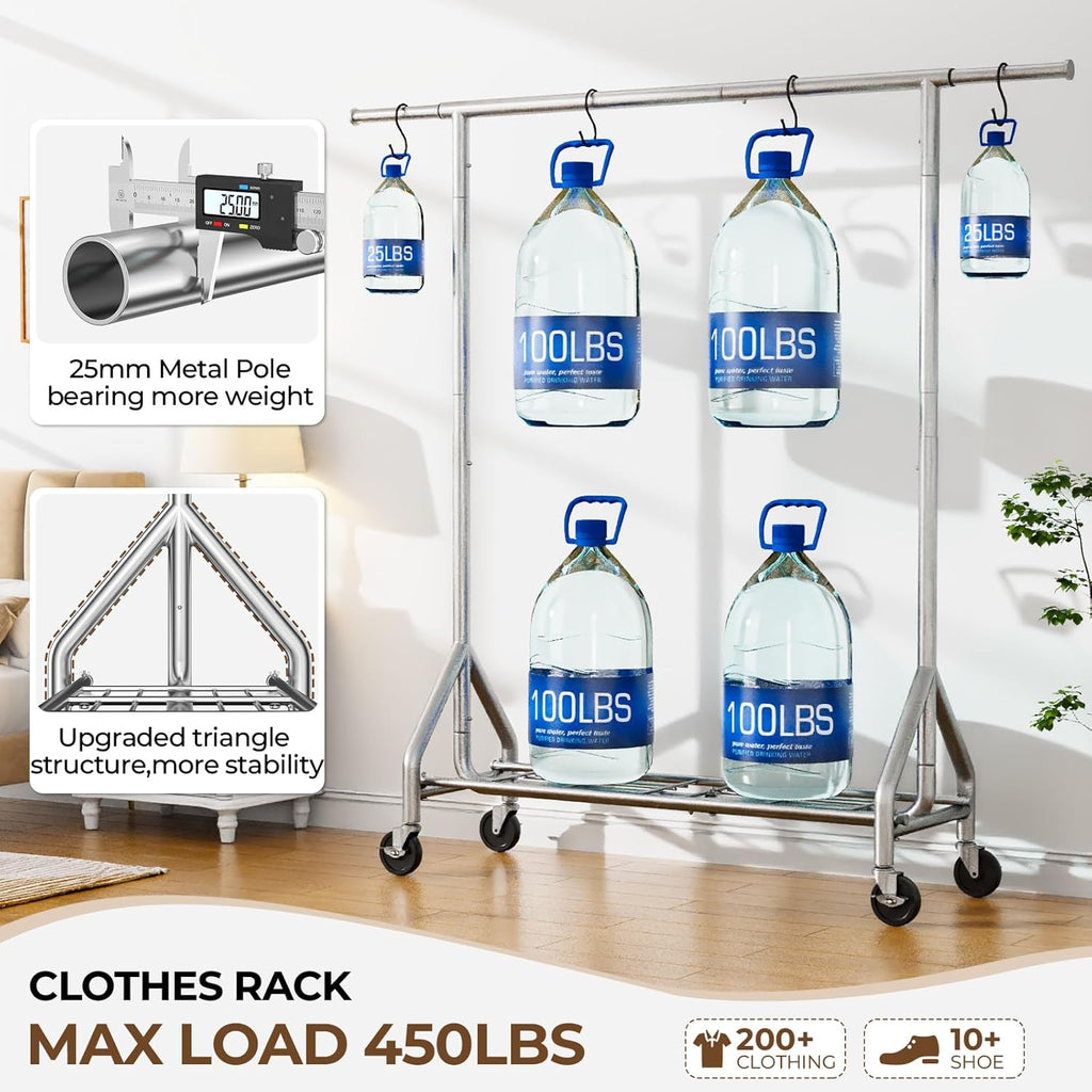 Heavy Duty Clothes Rack Load 450 LBS, Metal Garment Rack, Standing Rolling Clothing Rack for Hanging Clothes with Sturdy Wheels & Shelves, Portable Closet Wardrobe Rack,Sliver