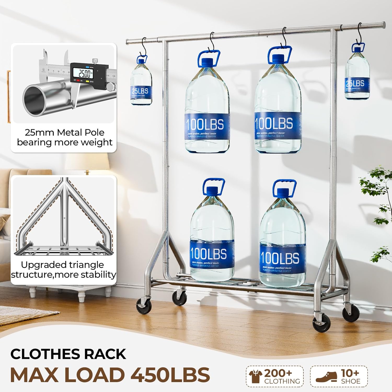 Heavy Duty Clothes Rack Load 450 LBS, Metal Garment Rack, Standing Rolling Clothing Rack for Hanging Clothes with Sturdy Wheels & Shelves, Portable Closet Wardrobe Rack,Sliver