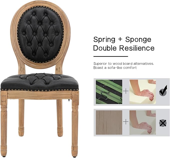 French Country Dining Chairs Set of 2, Black Kitchen & Dining Room Chairs Set of 2, Faux Leather Kitchen Chairs, Tufted Upholstered, Wood Legs, Sillas De Comedor (PU, Black, 2Pcs)