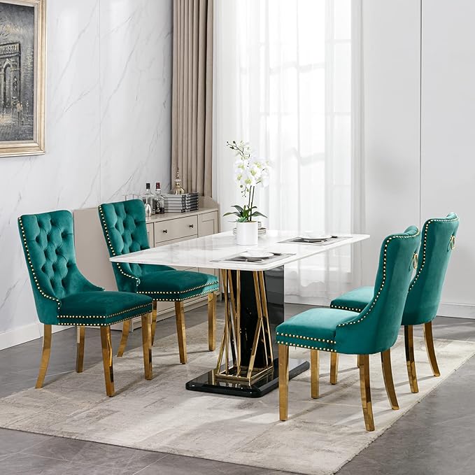 Luxury Upholstered Dining Chairs Set of 8, Green Kitchen Chair with Golden Me...