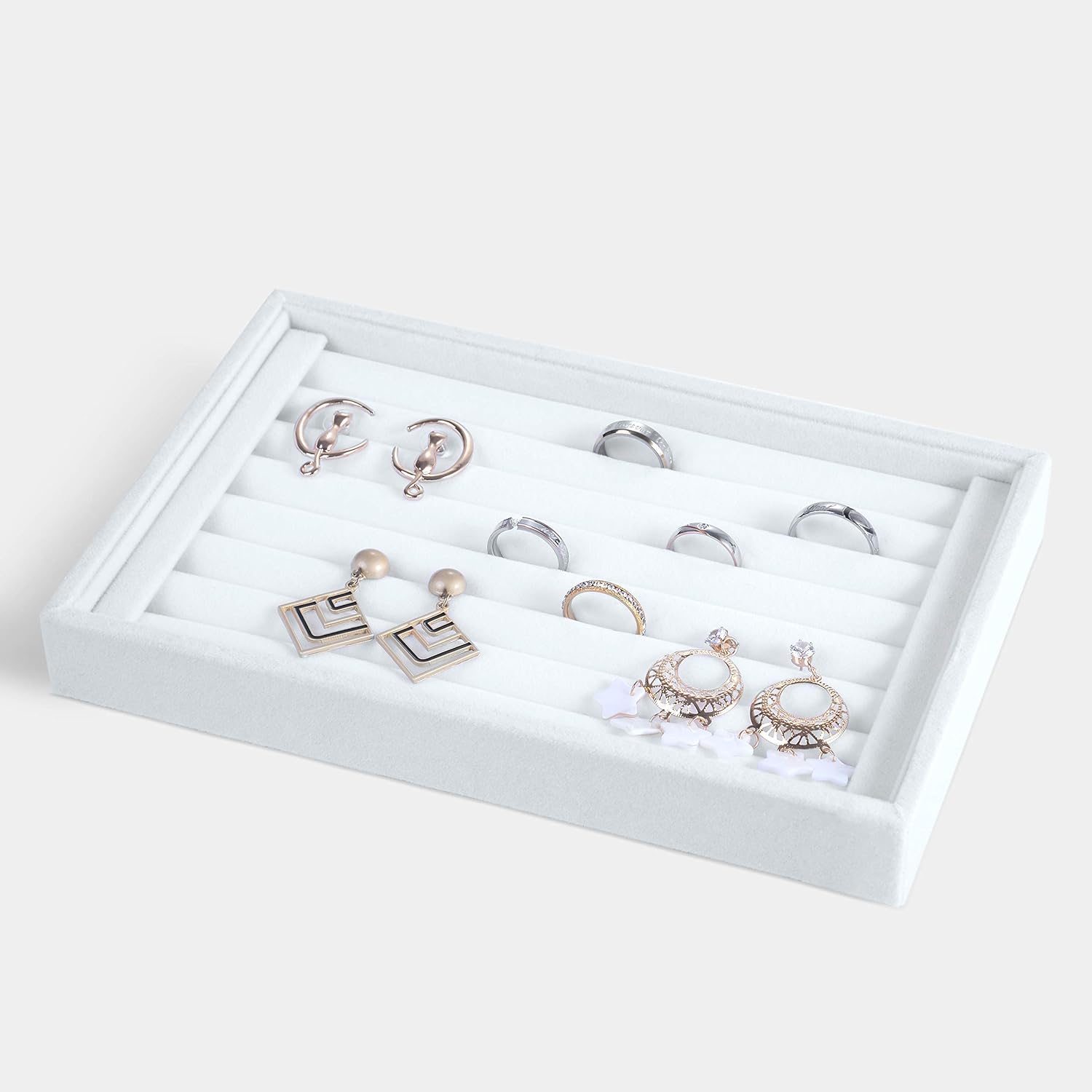 Valyria Velvet 7 Slots Ring Earrings Trays Showcase Display Jewelry Organizer (White)