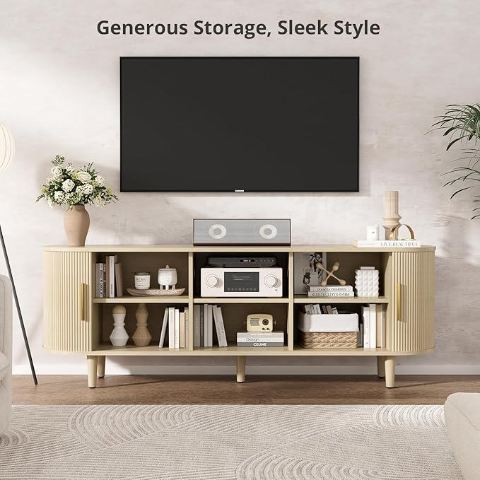 VOWNER 63" Fluted TV Stand, Modern Entertainment Center for TVs Up to 65" with Adjustable Shelves and Sliding Doors, Curved Media Console Table with Storage Cabinet for Living Room Bedroom (Oak)