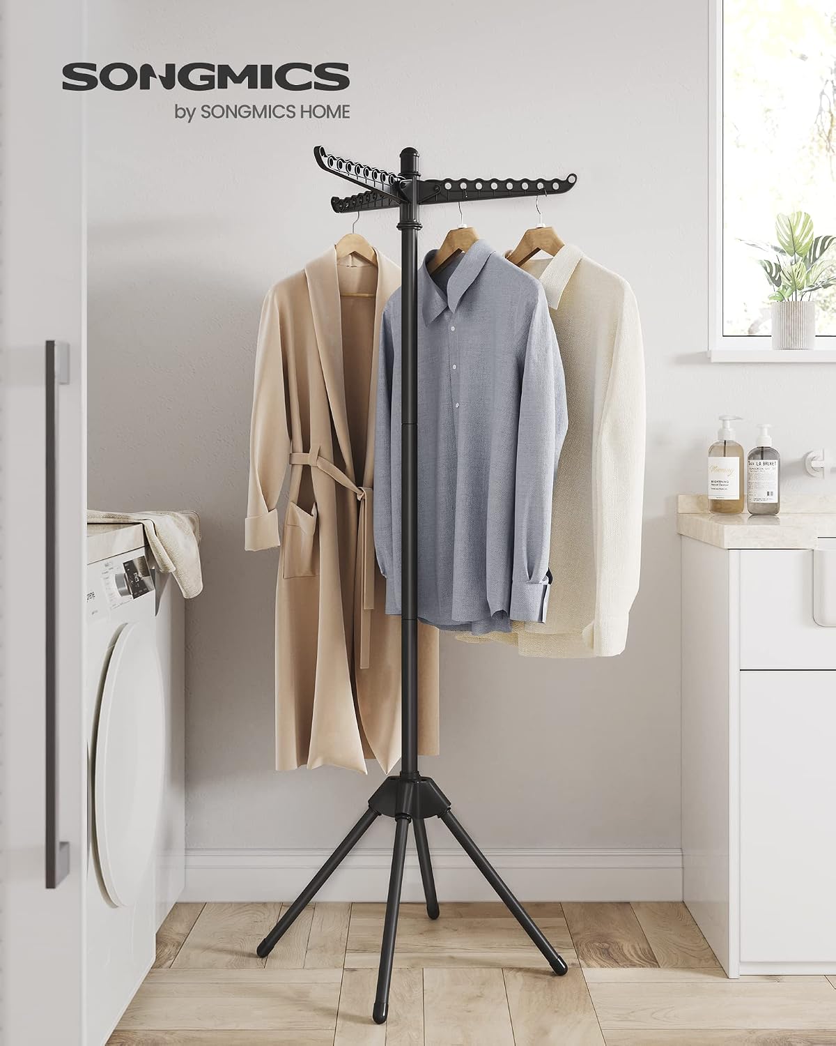 SONGMICS Clothes Drying Rack, 59-Inch Folding Laundry Drying Rack with 3 Rotatable Arms for Hangers, 4 Legs, Stainless Steel, for 27 Pieces of Clothes, Black ULLR510B01