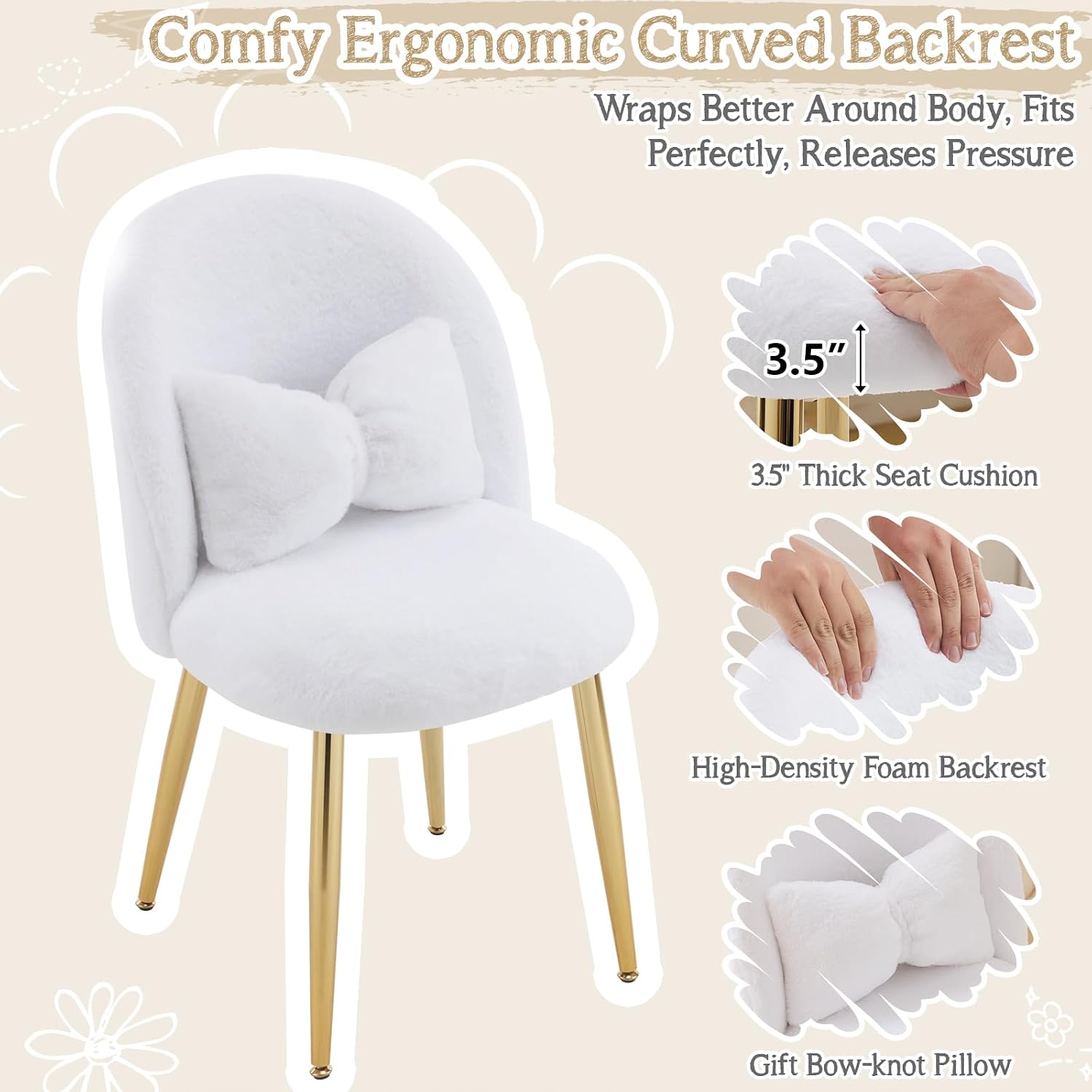 VINGLI Fluffy Girls Vanity Chair with Back & Pillow,Cute Small Cozy Desk Chair No Wheels,Comfy Makeup Ch with Ajustable Gold Legs,for Bedroom,Living Room,Small Space,White
