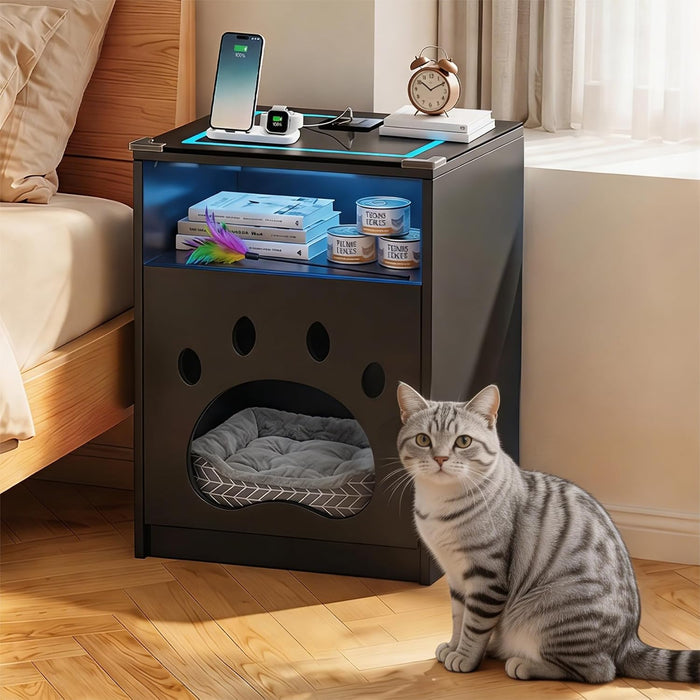 Cat House Night Cabinet with Charging Station & LED Lights, Modern Wooden Night Stand with Cozy Hidden Cat Condo, Dark Grey End Cabinet with Open Shelf, Home Accent Furniture