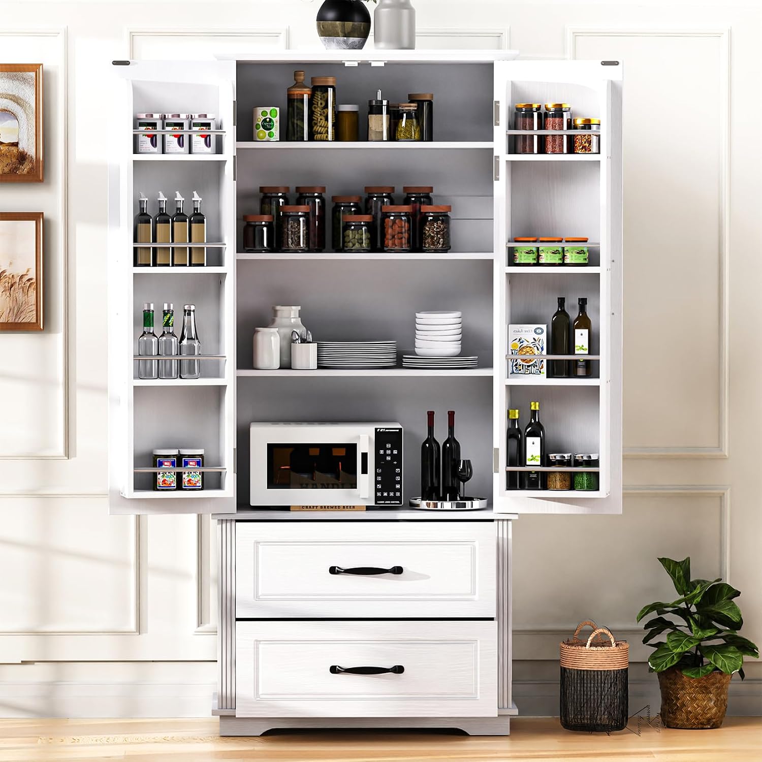71" Farmhouse Kitchen Pantry Cabinet with 2 Large Drawers, Freestanding Cupboard Sideboard Storage Cabinet with 8 Door Shelves and Adjustable Shelves for Kitchen,Dining Room,Living Room,Laundry