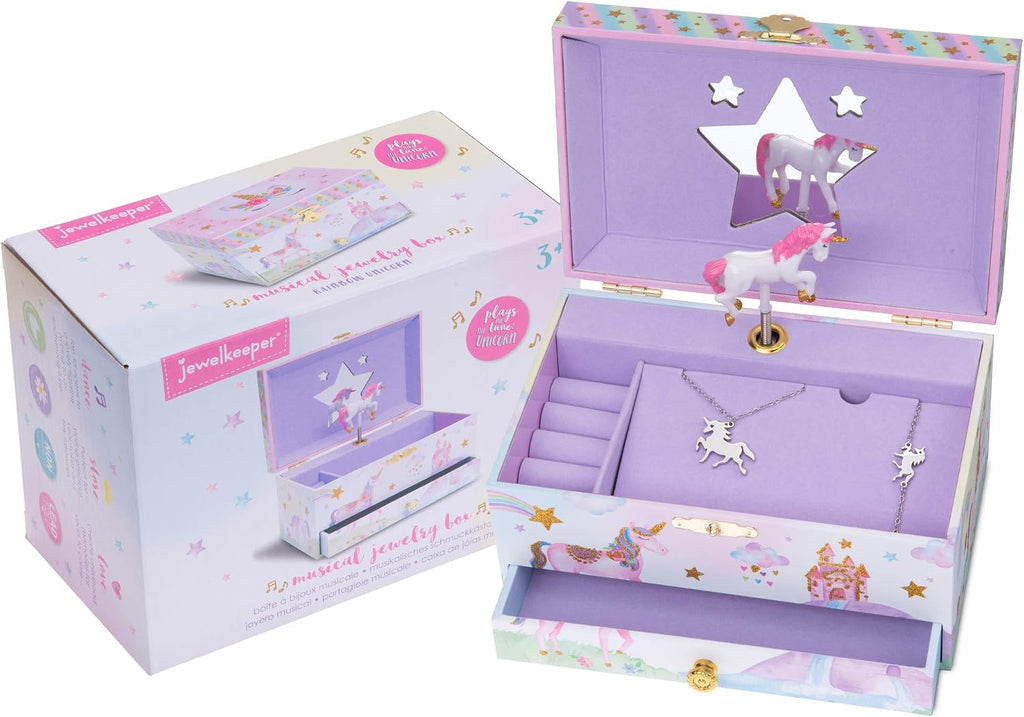 Jewelkeeper Jewelry Box for Girls with Drawer - Spinning Unicorn Doll to The Beautiful Dreamer Tune Music Box - Little Girls' Jewelry Set Includes Unicorn Bracelet and Necklace - 5Dx7Wx4H Inches