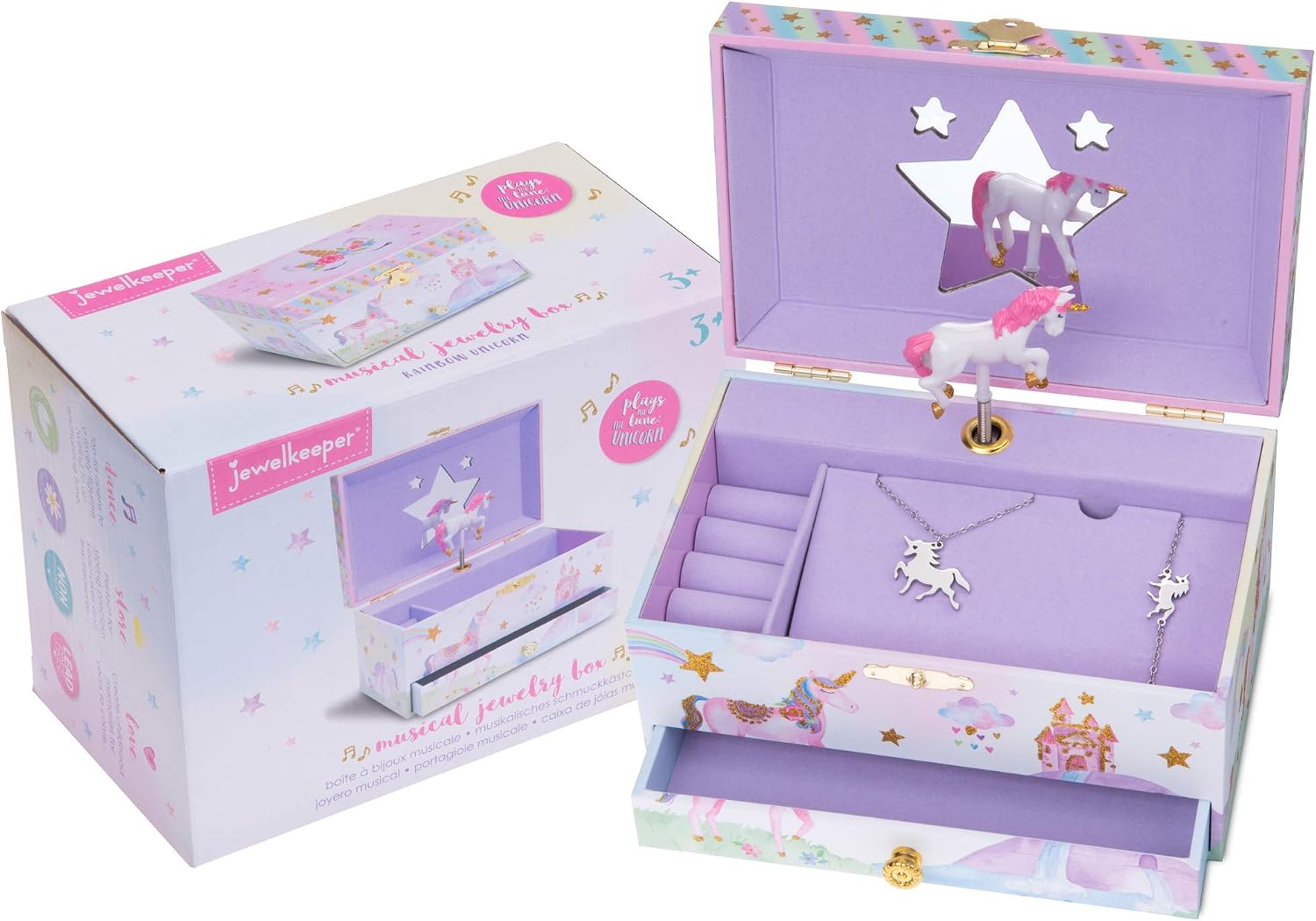 Jewelkeeper Jewelry Box for Girls with Drawer - Spinning Unicorn Doll to The Beautiful Dreamer Tune Music Box - Little Girls' Jewelry Set Includes Unicorn Bracelet and Necklace - 5Dx7Wx4H Inches