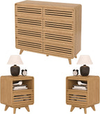 8 Drawer Dresser and Nightstand Sets for Bedroom, 3 Piece Bedroom Set, Wood 8 Drawer Dresser and Nightstand Set of 2, Fluted Chest of Drawers Wide Storage Organizer Cabinet Set, Natural Oak