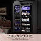 Jewelry Cabinet Organizer with Mirror, 47 inch Lockable Full-Length Mirror Jewelry Armoire Hanging Door/Wall Mounted with 6 LEDS, Arched Framed Mirror Cabinet with Storage, Gift for Women, Black