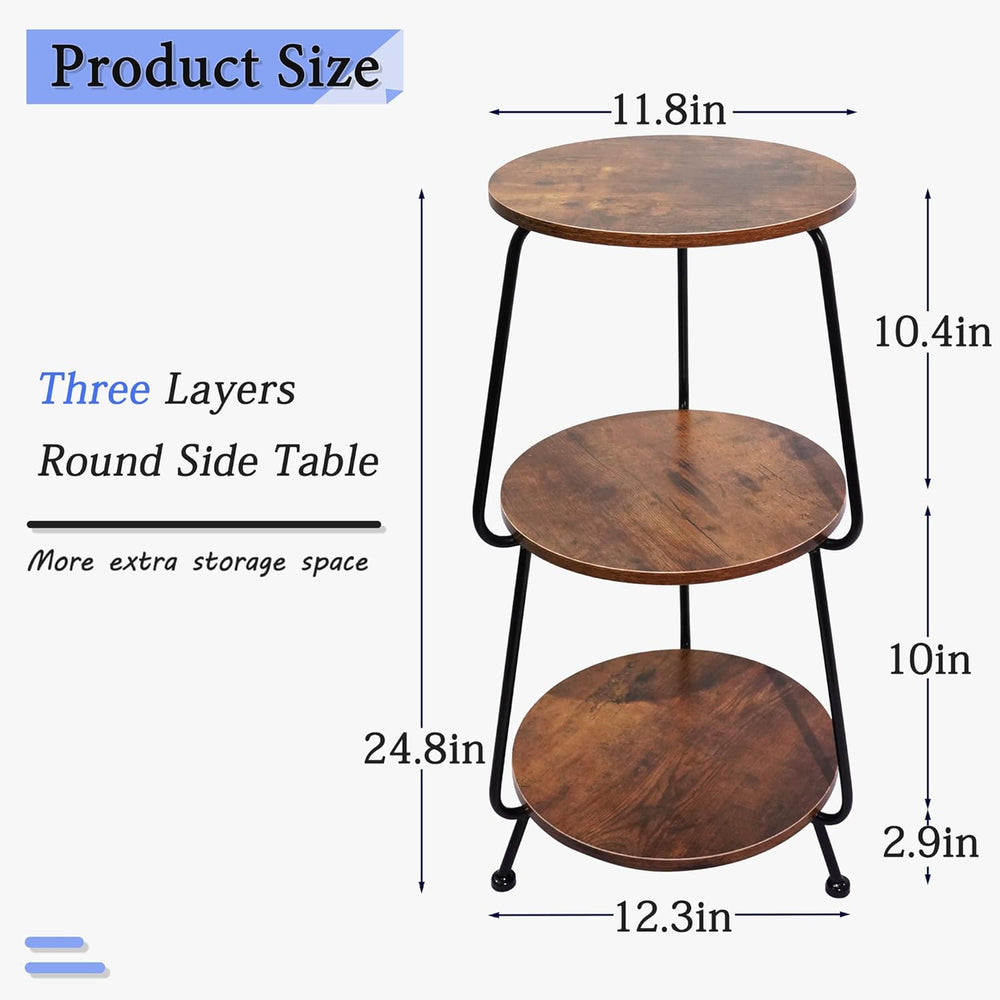 Small Round Side Table - 3 Tier End Table with Storage Shelf, Slim Industrial...