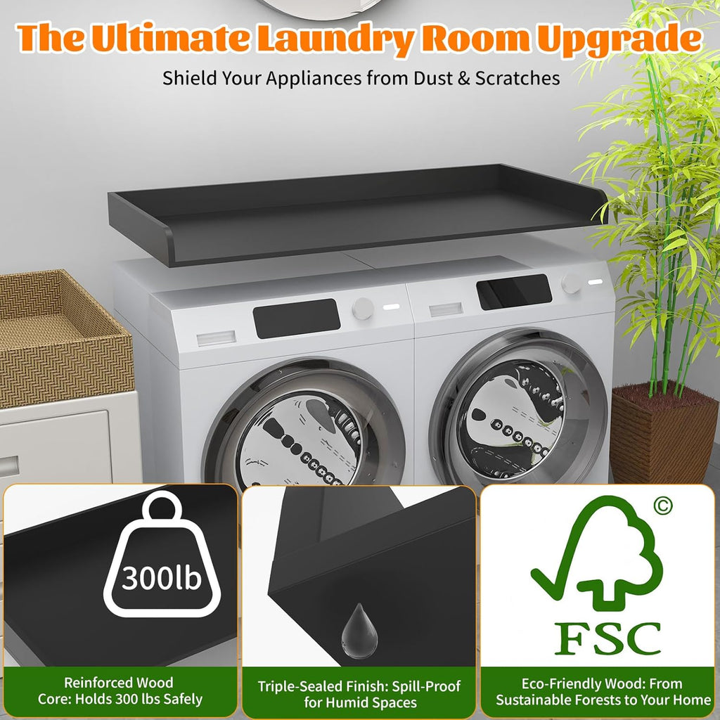 Washer Dryer Countertop, Laundry Room Wood Countertop with Edge, 54" x 27.5" Top Cover for Laundry Machine, Washer and Dryer Wood Shelf Topper for Laundry Room Counter Storage Organization, Black