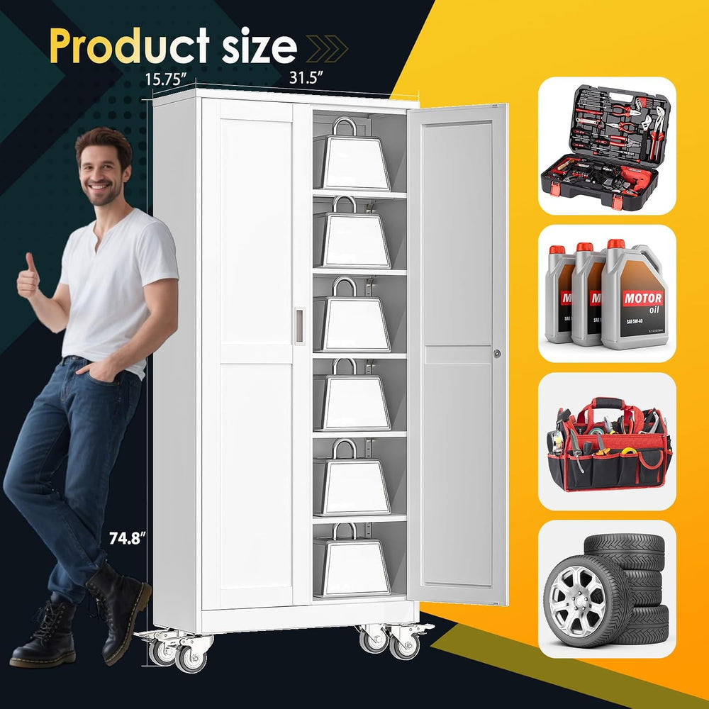 PAOFIN 75''H Metal Garage Storage Cabinet with Wheels,Steel File Cabi...