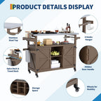 Outdoor Grill Cart with Storage Cabinet, Wood Outdoor Kitchen Island on Wheels, Grill Cart Table with Stainless Steel Table Top, Spice Rack, Towel Rack & Lockable Wheels for Kitchen,BBQ, Coffee