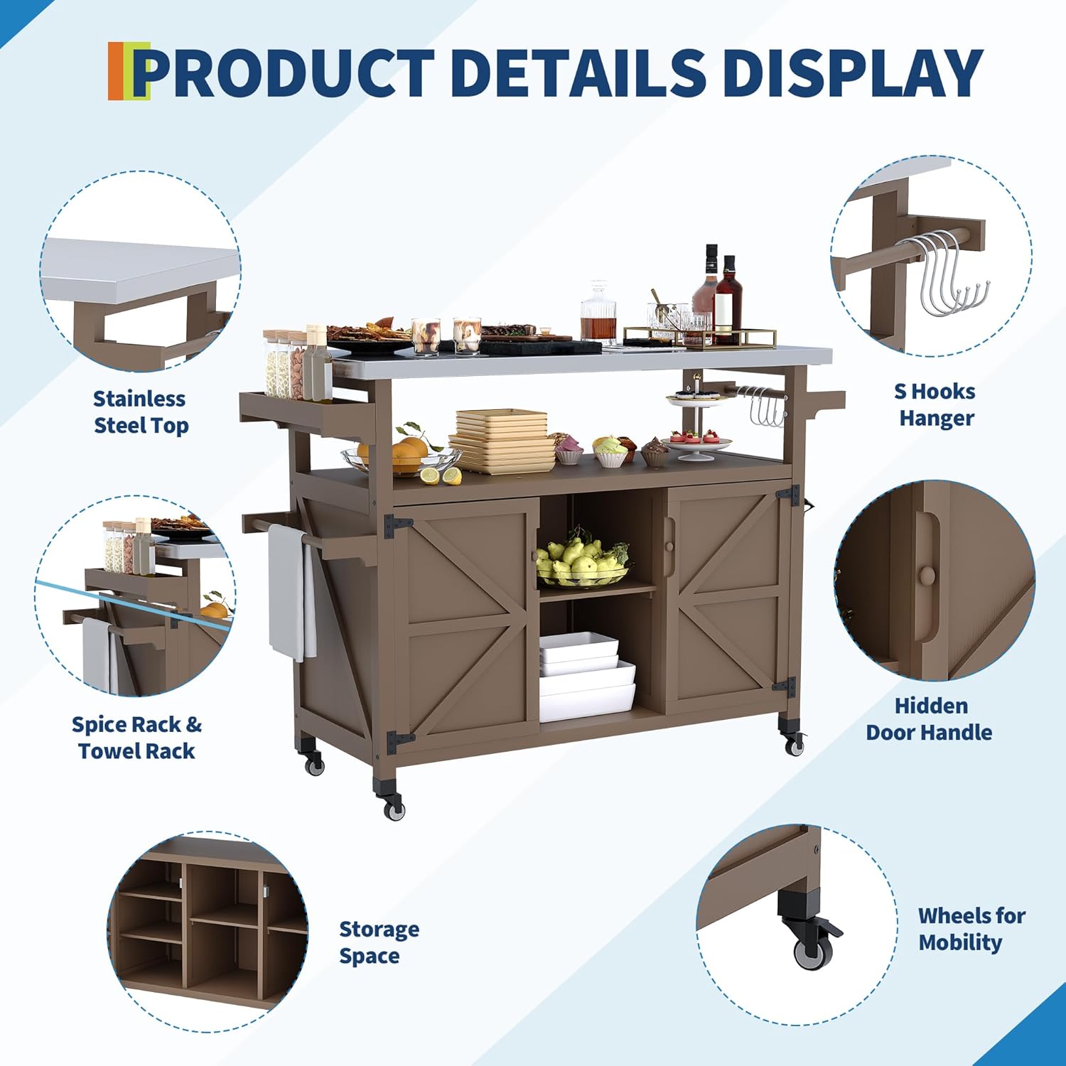Outdoor Grill Cart with Storage Cabinet, Wood Outdoor Kitchen Island on Wheels, Grill Cart Table with Stainless Steel Table Top, Spice Rack, Towel Rack & Lockable Wheels for Kitchen,BBQ, Coffee
