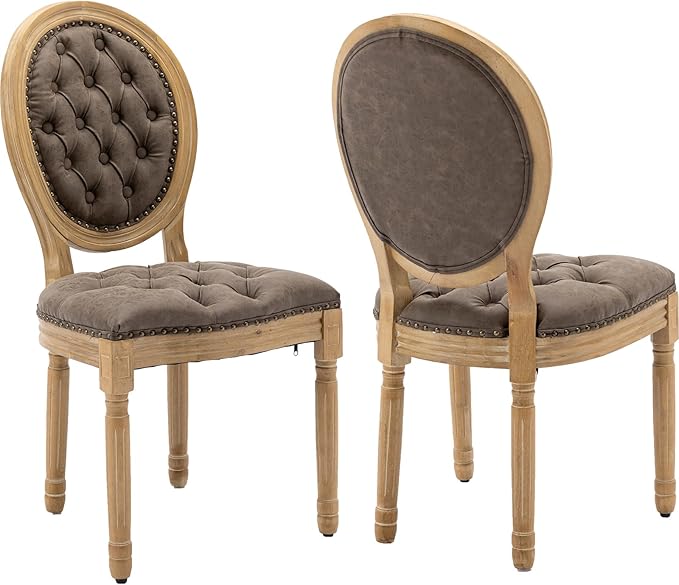 French Country Dining Chairs Set of 2, Tan & Taupe Tufted Upholstered Kitchen & Dining Room Chairs, Faux Leather, Wood Legs, Sillas De Comedor (PU, Brown, 2Pcs)