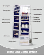 Full-Length Mirror Jewelry Cabinet Standing, 360° Swivel Jewelry Armoire with Mirror and LED Lights, Built in Mirror & Large Storage Shelves & Drawer, White