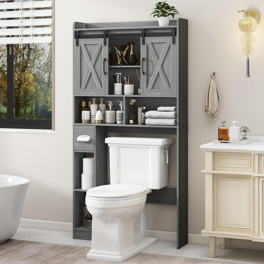 Farmhouse Over The Toilet Storage Cabinet with Sliding Door & Toilet Paper Holder Stand, Space-Saving for Bathroom & Restroom, Wash Grey
