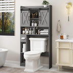Farmhouse Over The Toilet Storage Cabinet with Sliding Door & Toilet Paper Holder Stand, Space-Saving for Bathroom & Restroom, Wash Grey
