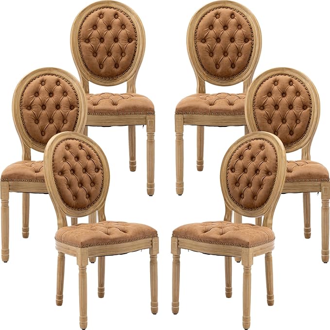 French Country Dining Chairs Set, Caramel Kitchen & Dining Room Chairs, Faux Leather, Tufted Upholstered, Wood Legs, Sillas De Comedor (PU, Amber, 6Pcs)
