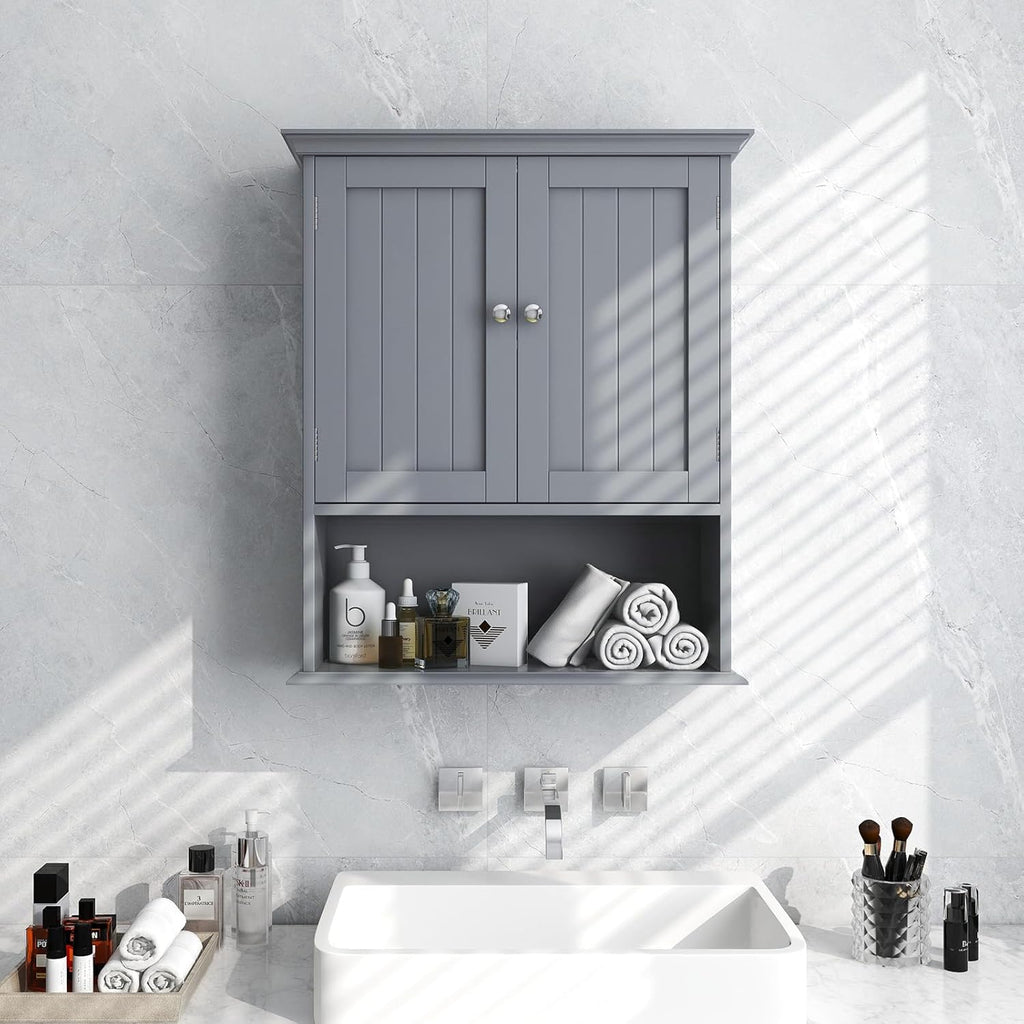 Tangkula Bathroom Wall Cabinet, Wooden Hanging Cabinet with Doors & Shelves, Multipurpose Storage Cabinet for Restroom Kitchen Living Room, Wall Mounted Bathroom Medicine Cabinet (Grey)