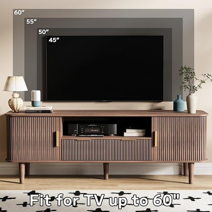 Fluted TV Stand, 62 Inch Mid Century Modern Media Console Table with Sliding Tambour Door Farmhouse Sideboard Buffet Cabinet Fits TVs up to 75 inch, Wood Entertainment Center for Living Room
