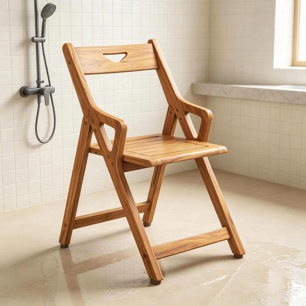 Folding Teak Shower Chair, Back & Armrests, 350lb Nonslip Senior Safety