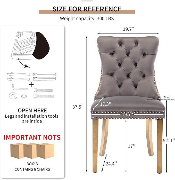 Mid Century Modern Dining Chairs Set of 6, Grey Velvet Upholstered Tufted Back, Kitchen & Dining Room Chairs, Gold Metal Legs, Nailhead Trim, Sillas para Comedor (Gray, 6 Pcs)