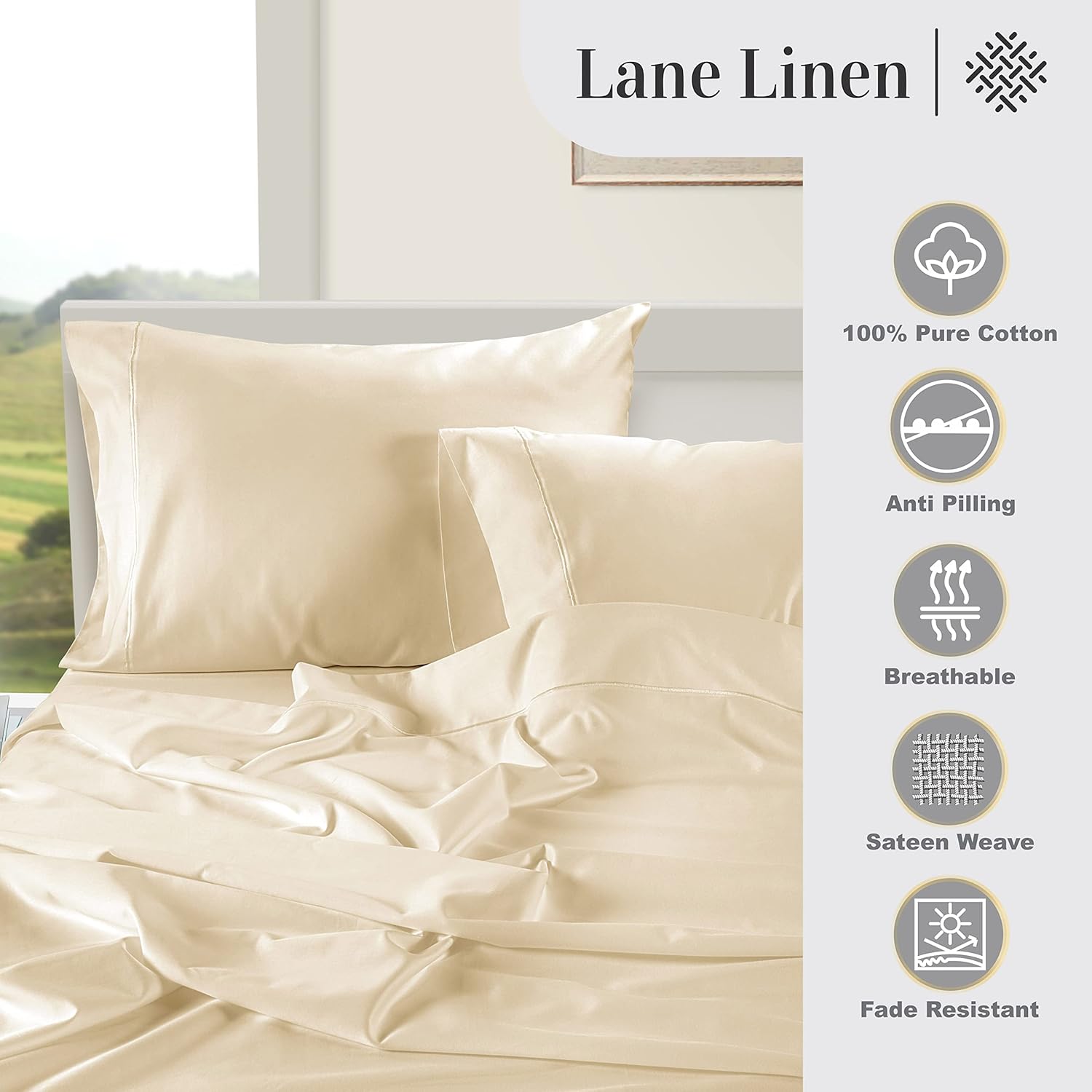 LANE LINEN Pillow Case Covers King Set of 2 100% Egyptian Cotton Sateen Soft Cool & Smooth 1000 Thread Count Cases - Ivory