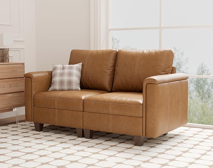 SITJOY 65" Faux Leather Modular Sectional Sofa with Storage, Mid Century Modern Sectional Couches for Living Room, Soft Padded Armrests, Loveseat Sofa, Brown