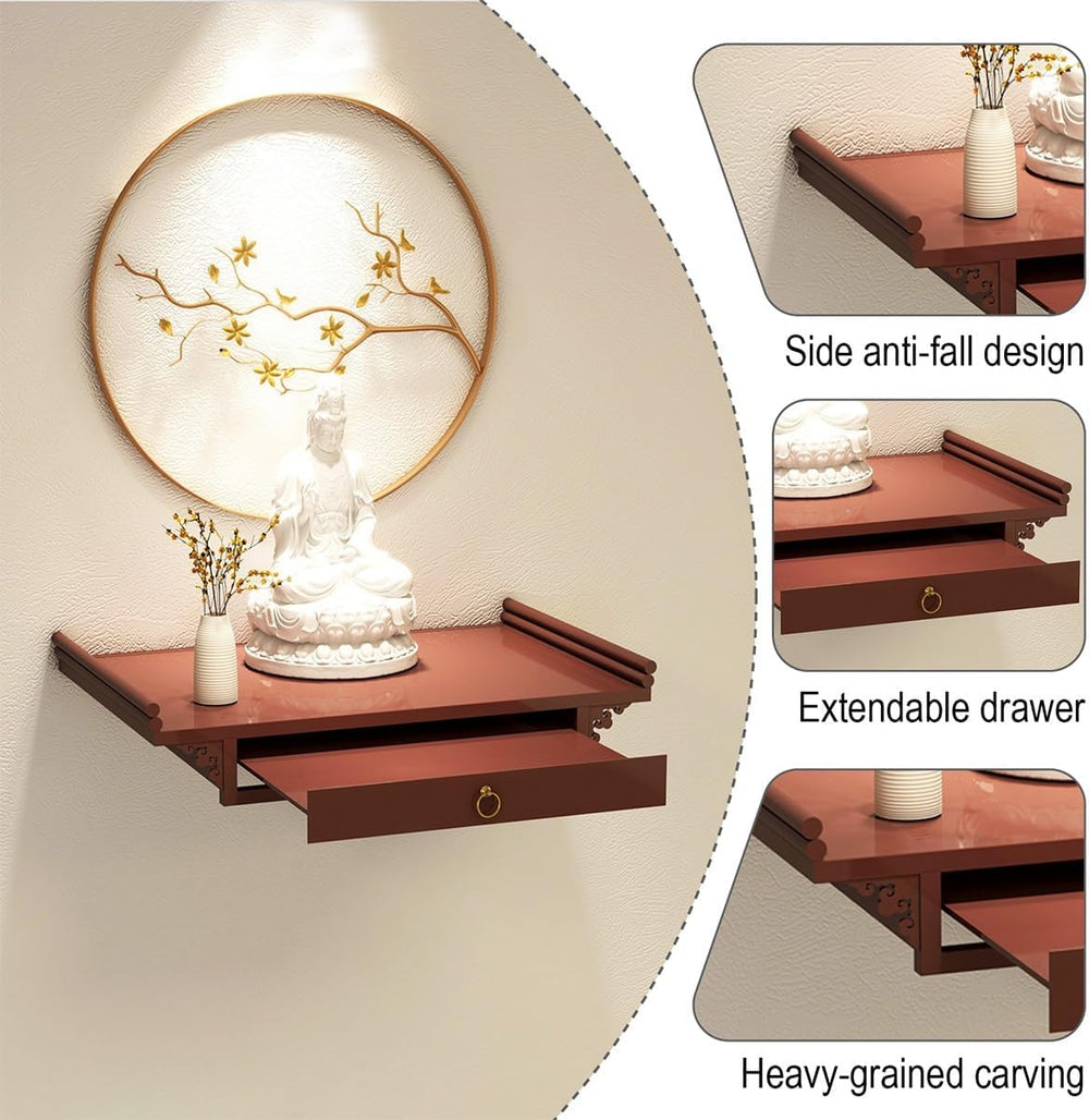 Wall-Mounted Shrine Altar, Prayer Meditation Table with Retractable Pull Plat...
