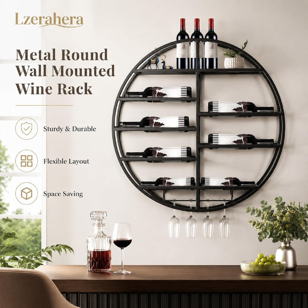 Round Wall Mounted Wine Rack Modern Metal Wine Wall Display Shelf | Horizontal Circular Bottle Storage Organizer, Vintage Rustic Wall Decor for Kitchen Living Room, Wine Cellar, Home Bar, Black