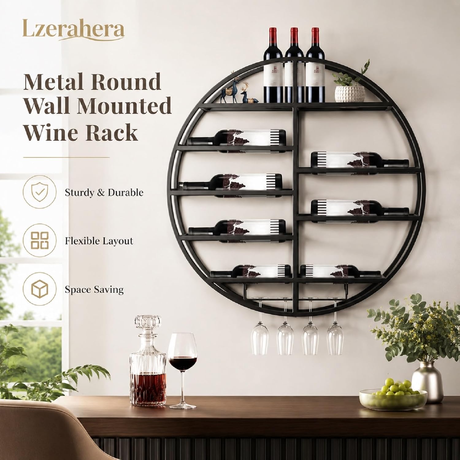 Round Wall Mounted Wine Rack Modern Metal Wine Wall Display Shelf | Horizontal Circular Bottle Storage Organizer, Vintage Rustic Wall Decor for Kitchen Living Room, Wine Cellar, Home Bar, Black