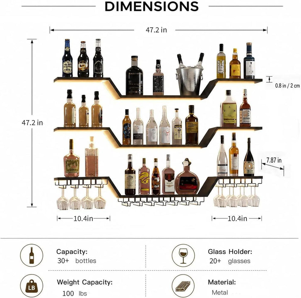 Wall Mounted Wine Rack with LED Lights | 3-Tier Floating Bar Shelves, Hanging...
