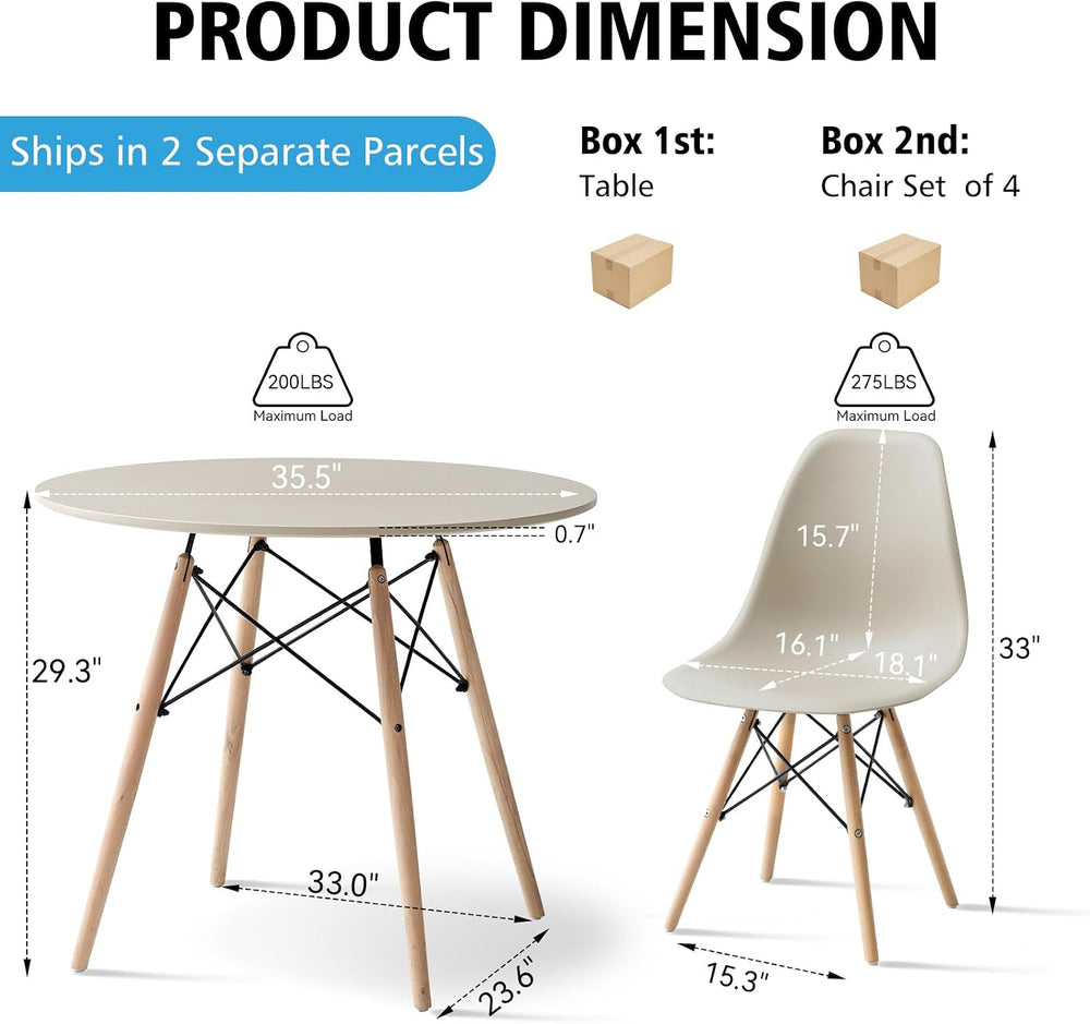 5-Piece Round Dining Set, 35.5" Sand Table Chairs Set of 4 | Kitchen Tab...