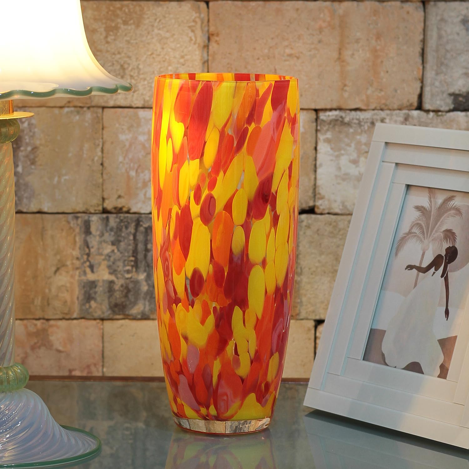 Murano Style Glass Vase Hand Blown Orange Confetti Effect Home Decor AD3 | Hand Blown Glass Vase, Decorative Table Centerpiece for Flowers - A Unique Gift for Christmas, Mother's Day, Valentine's Day