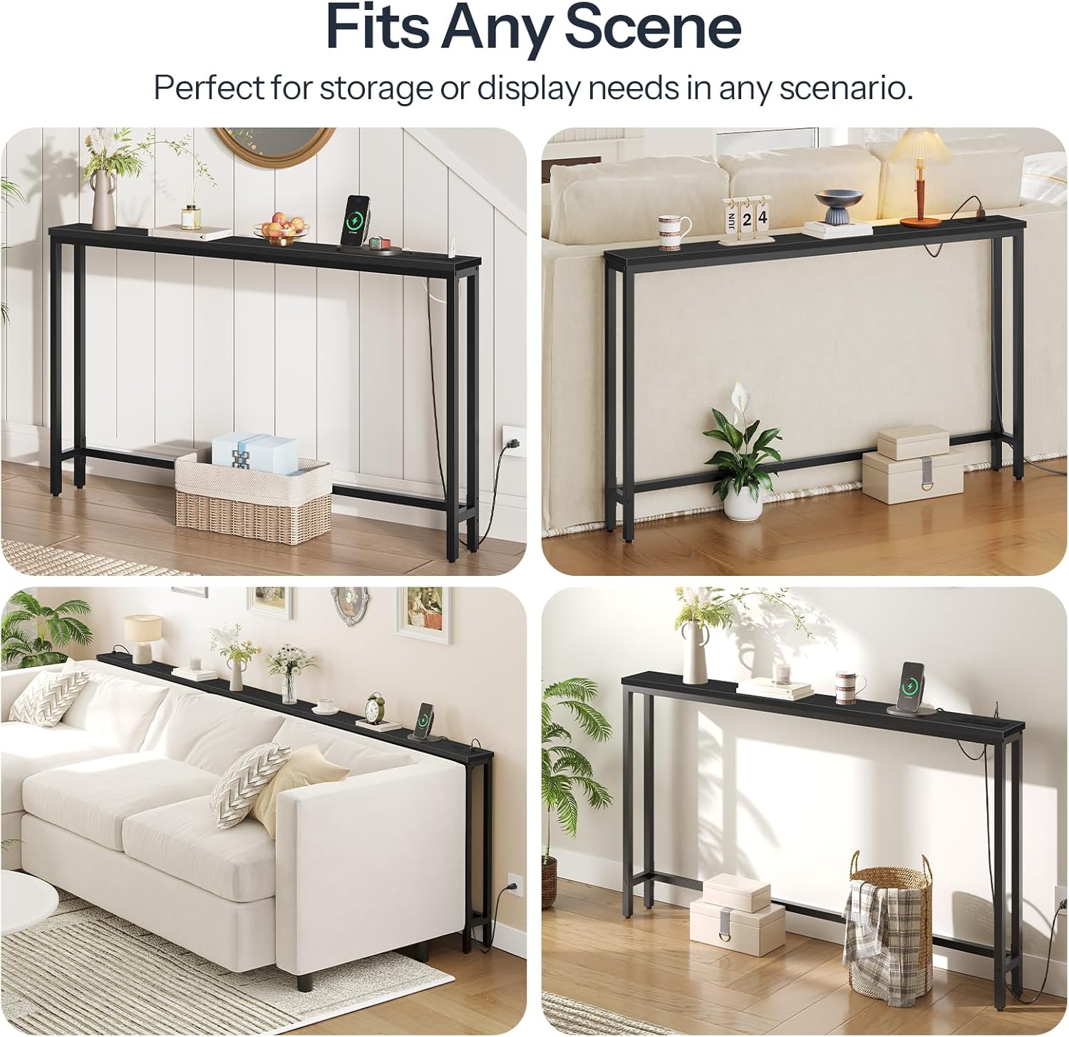 HOOBRO 55.1" Narrow Console Table with Power Outlets, 5.9" Behind Couch Table with Charging Station, Long Sofa Table, Skinny Entryway Table for Living Room, Hallway, Foyer, Black BB145UXG01
